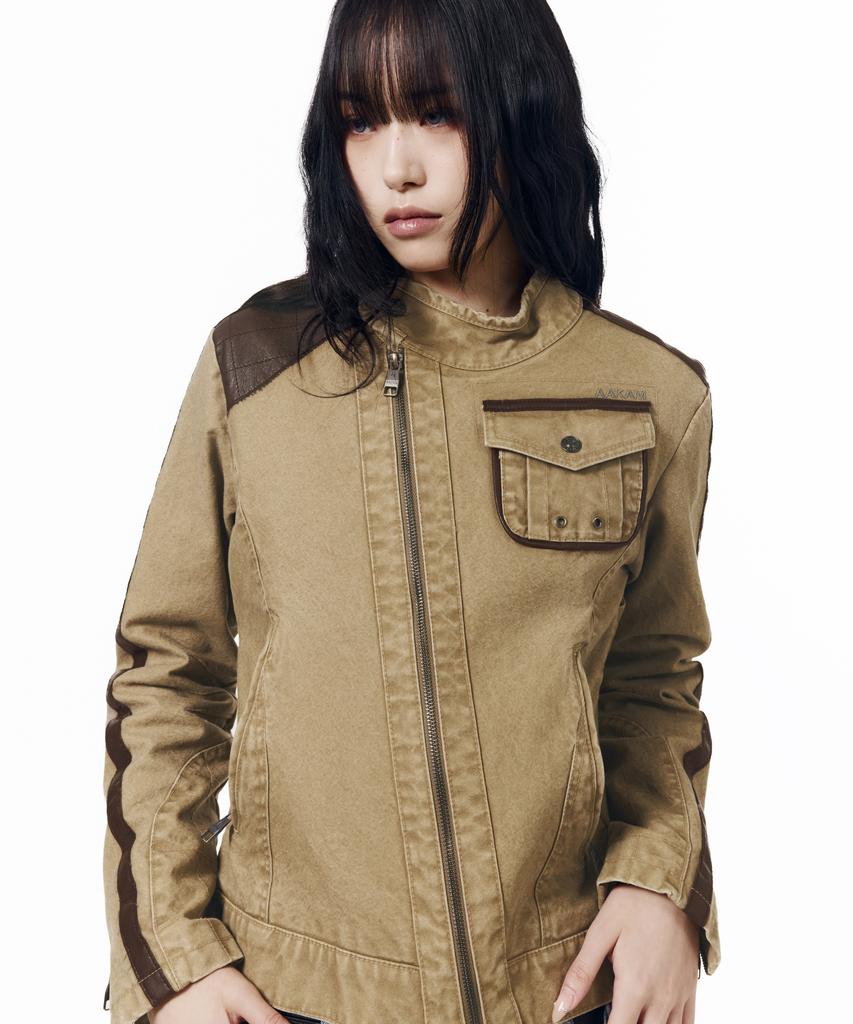 AAKAM Slant Leather Patch Jacket (Beige)