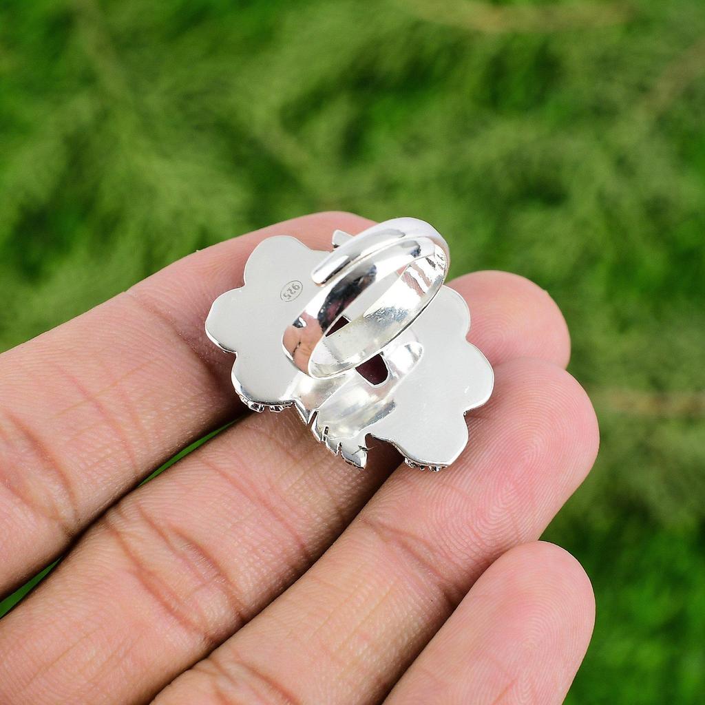 Wedding Gift For Her 925 Silver Natural Rhodonite Promise Flower Adjustable Ring