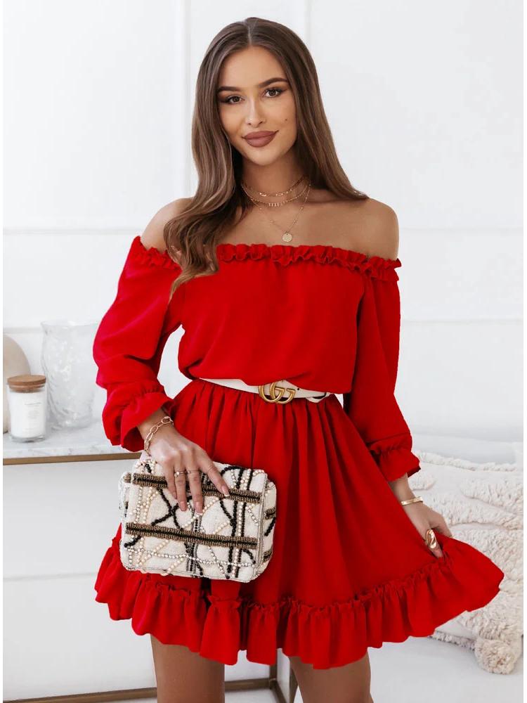 2022 Spring/Summer Women's Off-the-Shoulder Casual Solid Color Waist-Gathering Dress