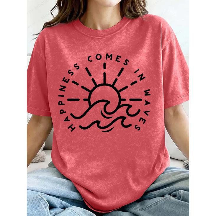 HAPPINESS COMES IN WAVES Sun and wave print snowflake short sleeve shirt T Women's T-shirt Round neck, light and breathable, casual, elegant, and
