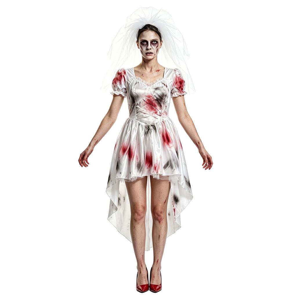 Halloween Ghost Bride Costume Blood Stained White Wedding Dress Gothic Horror Theme Party Stage Performance Gown for Women Adult Cosplay