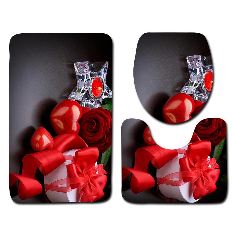 Beautiful And Romantic Valentine'S Day Bathroom Toilet Floor Mat 3-Piece Set