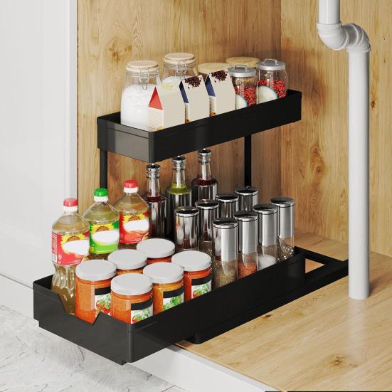 Kitchen Cabinet Pull-Out Storage Rack Under-Sink Organizer Large Capacity 2 Tier L-Shape Easy Installation