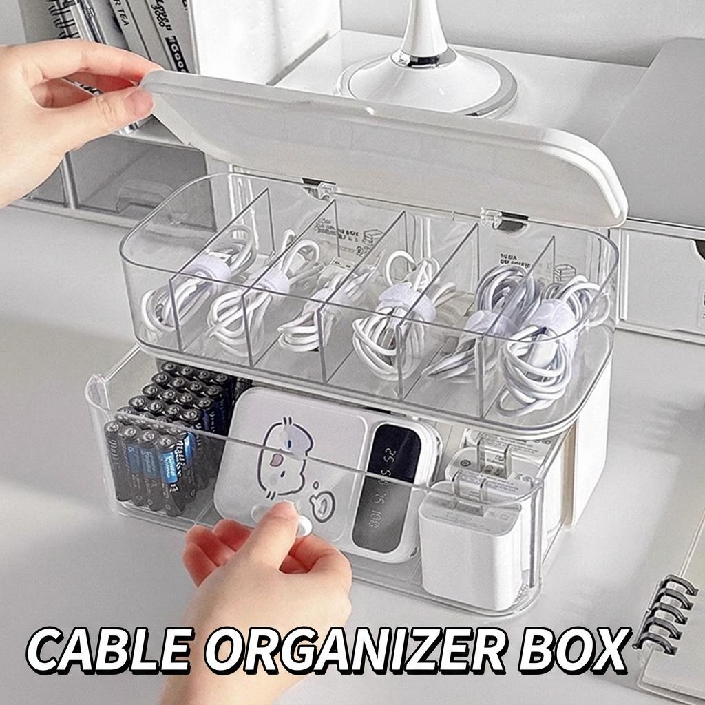 Double Layer Transparent Cable Organizer Box PP Material Dustproof Data Cable Storage Container for Desktop Office Home Dorm