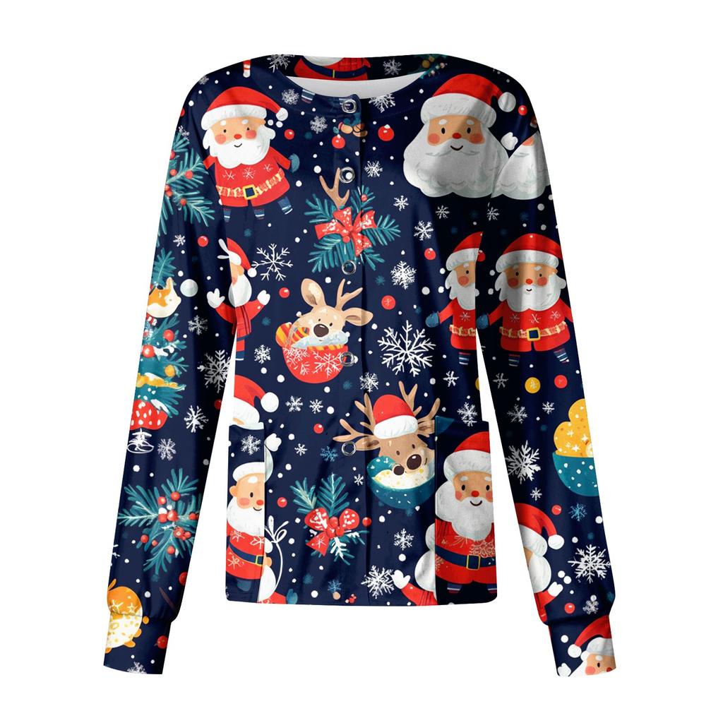 Women's Casual Long Sleeve Single Breasted Christmas Printed Dry-nurse Top