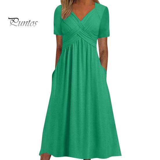 Женское летнее платье с плиссированным ремешком и V-образным вырезом с короткими рукавами, однотонное платье с карманами трапециевидной формы со свободным подолом, дышащее мягкое платье миди для свиданий