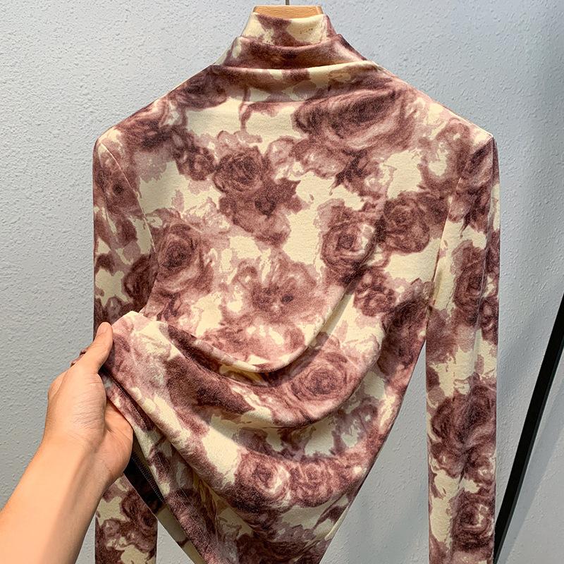 Women's Autumn and Winter High-neck Bottoming Rose Print Long-sleeved Temperament Within The Waisted Blouse