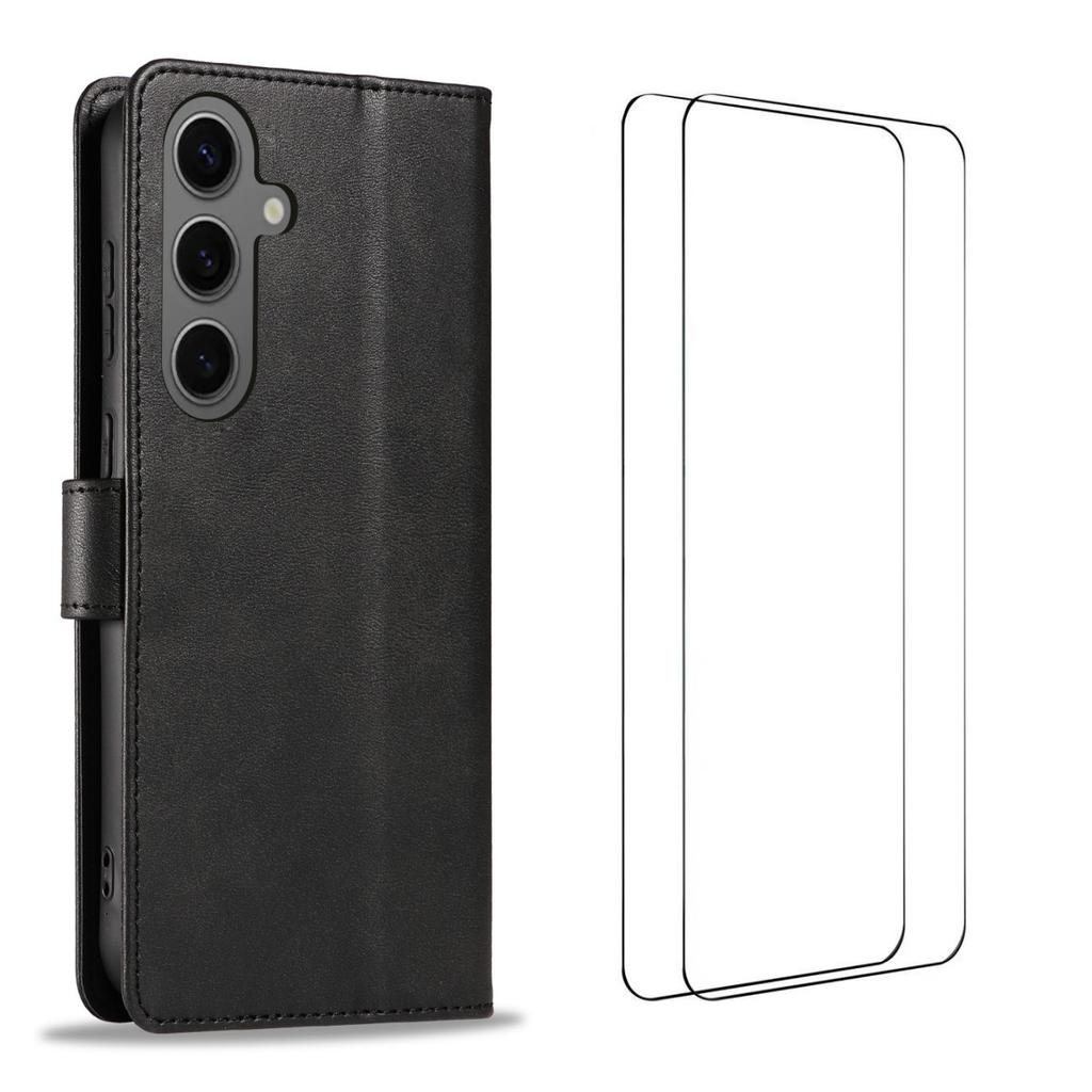 For Samsung Galaxy S24+ Case with 2Pcs Tempered Glass WANLONFENG WN Series Calf Texture Leather Phone Cover Big Cutouts