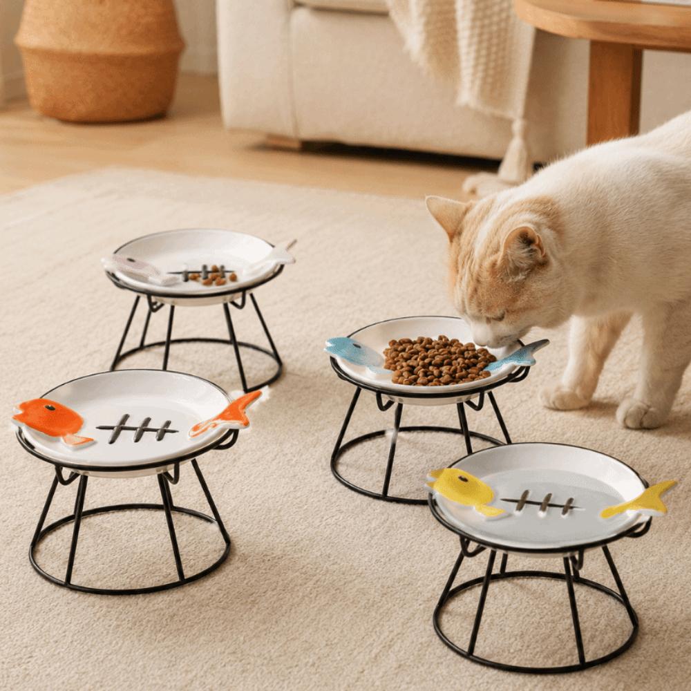 Ceramic Pet Food Water Bowl Fish Bones Pet Food Dispenser Cat Feeding Station Wet Dry Food