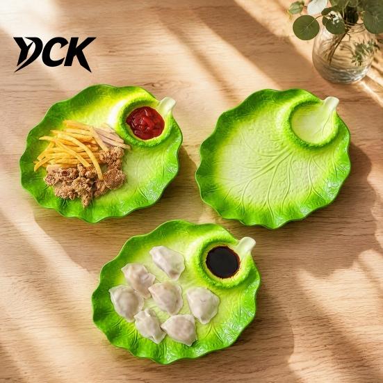 Novelty Food Tray with Sauce Compartment Ceramic Dumpling Plate Integrated Dipping Saucer, Cabbage Shaped Green Glaze Leaf Design Creative Serving