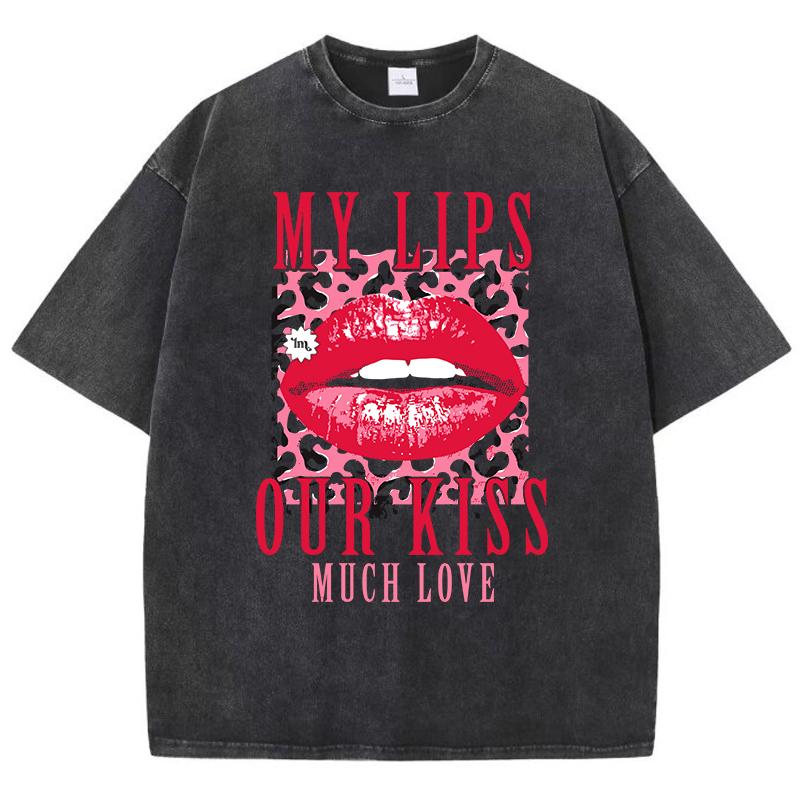 Женские футболки с кислотной стиркой Мои губы Наш поцелуй Принт с буквами Футболки Удобные топы оверсайз Уличная женская одежда