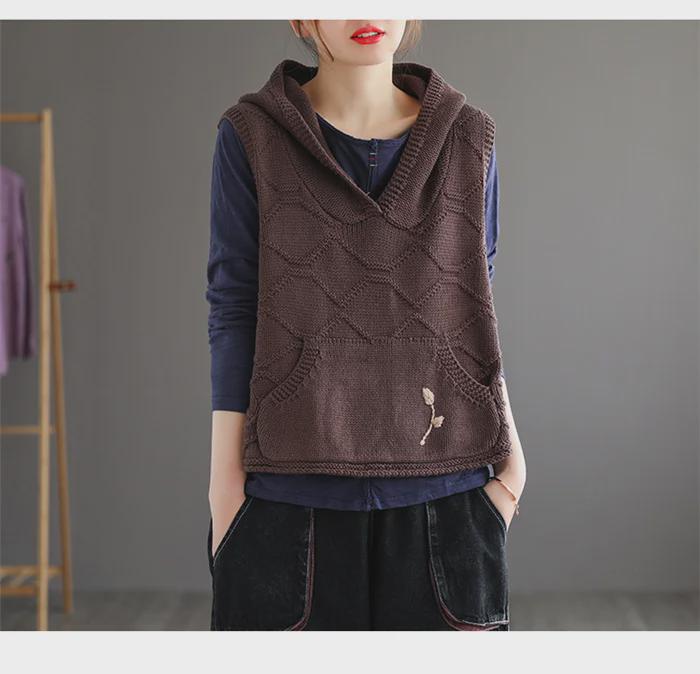 Ladies' Hooded Retro Knit Vest - 2024 Spring/Autumn Waistcoat Layered Top
