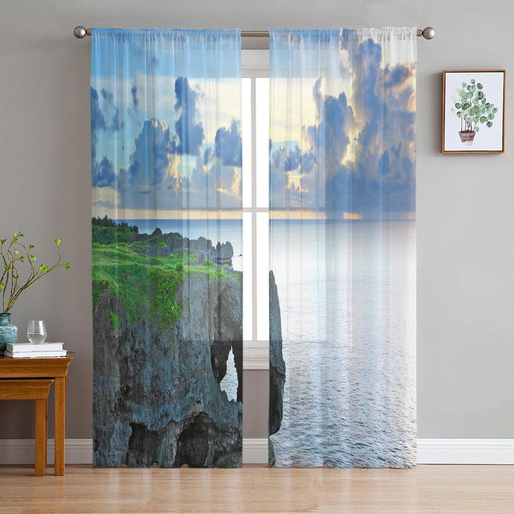 Lake Scenery Window Treatment Tulle Modern Sheer Curtains for Kitchen Living Room the Bedroom Curtains Decoration