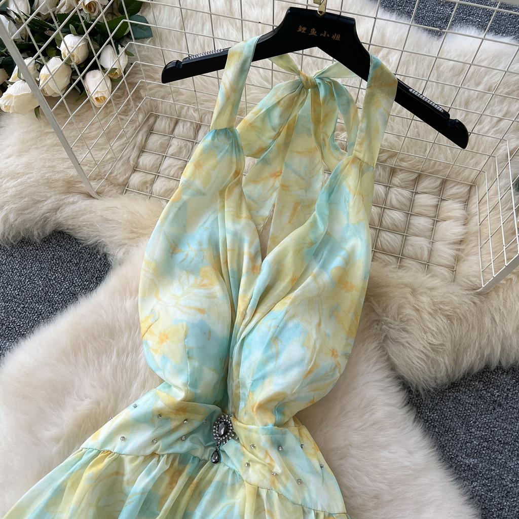 Летние женские шифоновые платья с V-образным вырезом и принтом, бретелька через шею с открытой спиной, бисер, длинные макси, праздничные пляжные платья