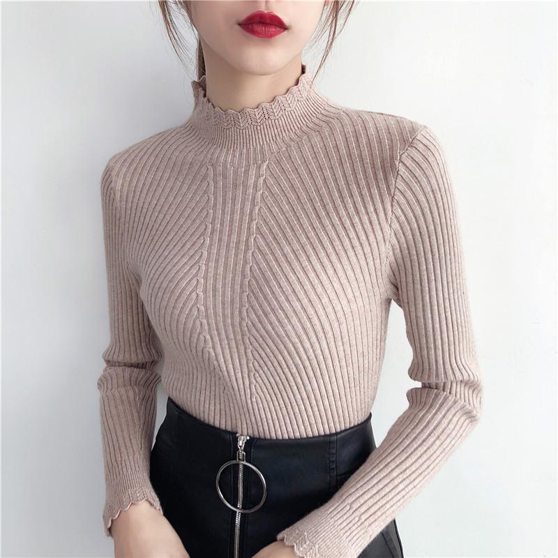 Long Sleeved Bottoming Knitted Sweater Women Autumn Winter Laciness Mock Neck Tight Fit Pullover Top