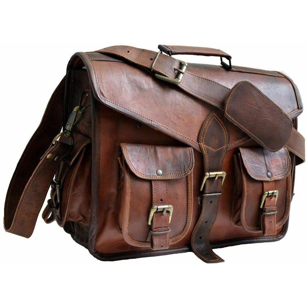 New Men Real Goat Leather Vintage Brown Messenger Shoulder Laptop Bag Briefcase. Size 11 X 15 X 4
