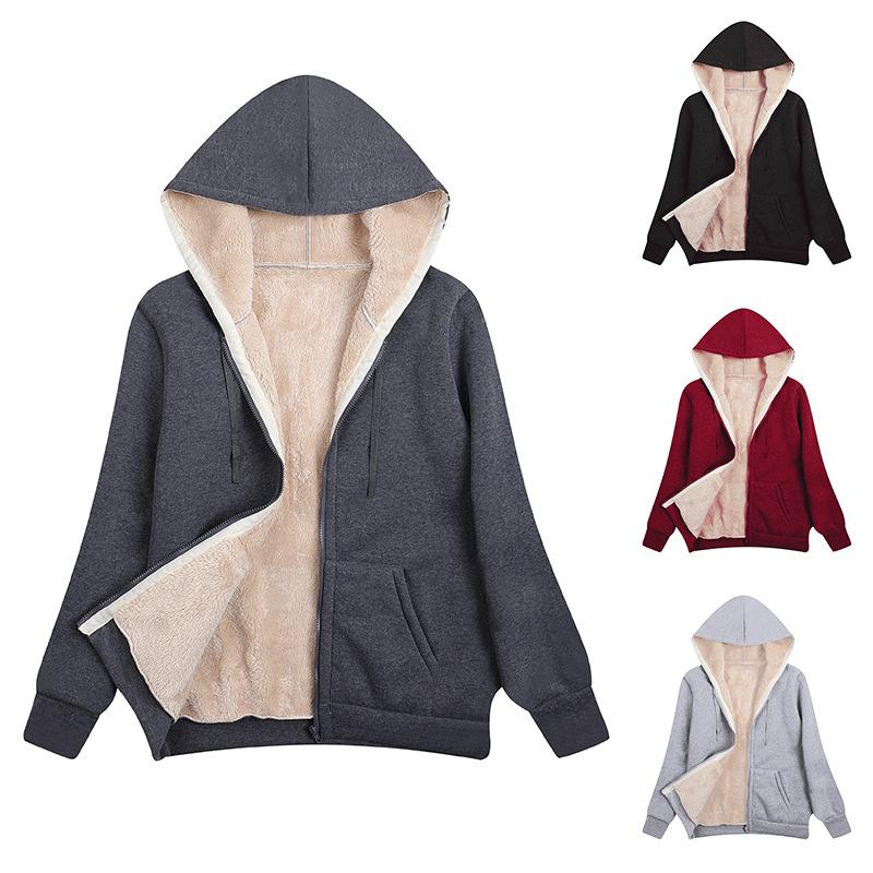 Plus-Size Woolen Solid Color Tide Hooded Jacket Autumn Winter Thicken Slim Long-Sleeved Outwear Women's Brushed Coat