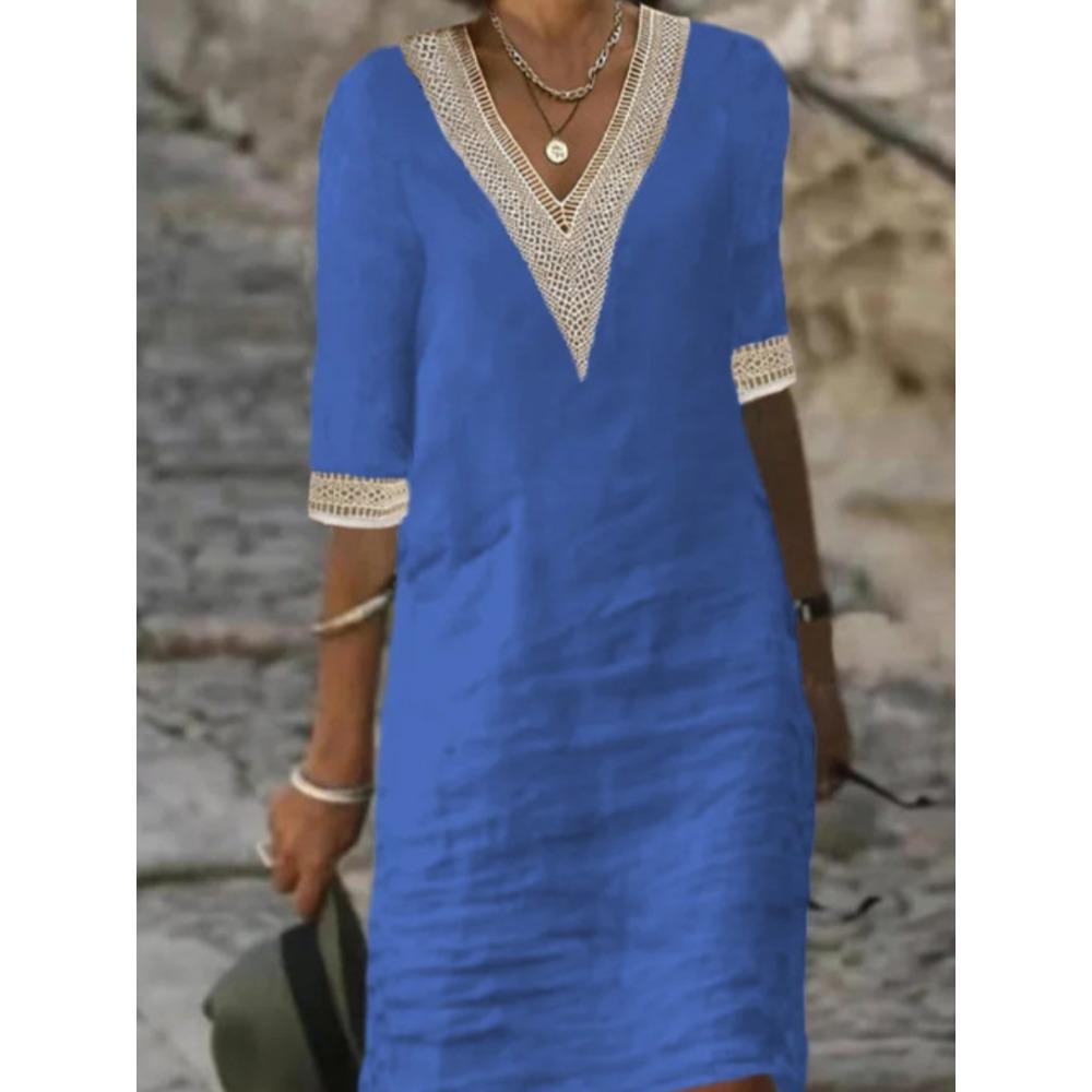 Women's Solid Color V-neck Mid Sleeve Cotton Linen Casual Dress