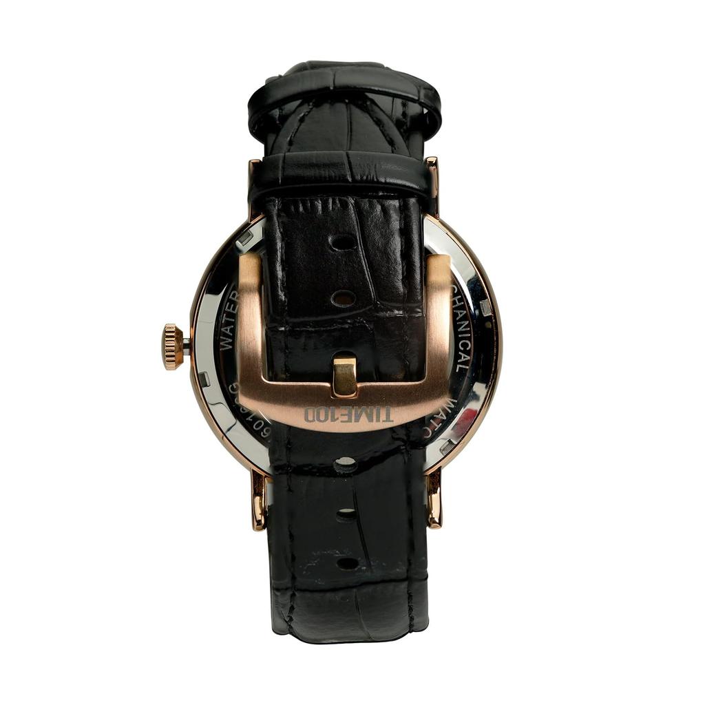 TIME100 роскошные автоматические часы скелетон механические из нержавеющей стали с ремешком из натуральной кожи водонепроницаемость 50 м мужские (Розовое золото)