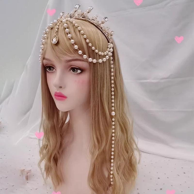 Handmade Notre Dame Apollo Sun Lolita KC Crystal Crown Headband Wedding Crystal Pearl Crown Halo Necklace Hair Accessories Set