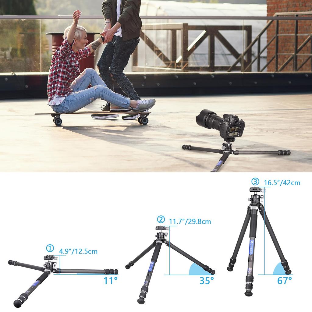 ARTCISE Штатив из углеродного волокна с шаровой головкой с низким центром тяжести, шар 28 мм, диаметр в сложенном состоянии меньше, чем у алюминиевого штатива, нагрузка 15 кг, высота