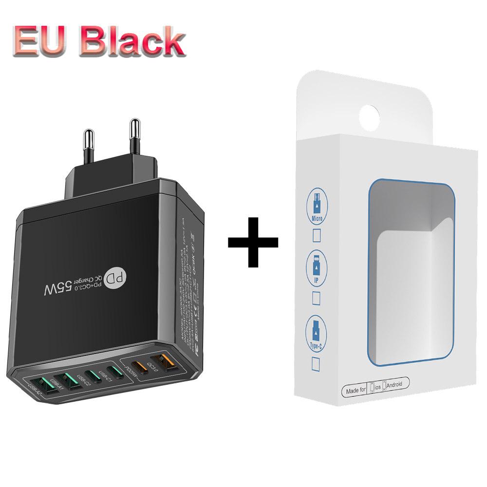 Быстрое шестипортовое мобильное зарядное устройство 55 Вт QC 3.0 с PD, USB-портами, совместимостью с EU/US/UK