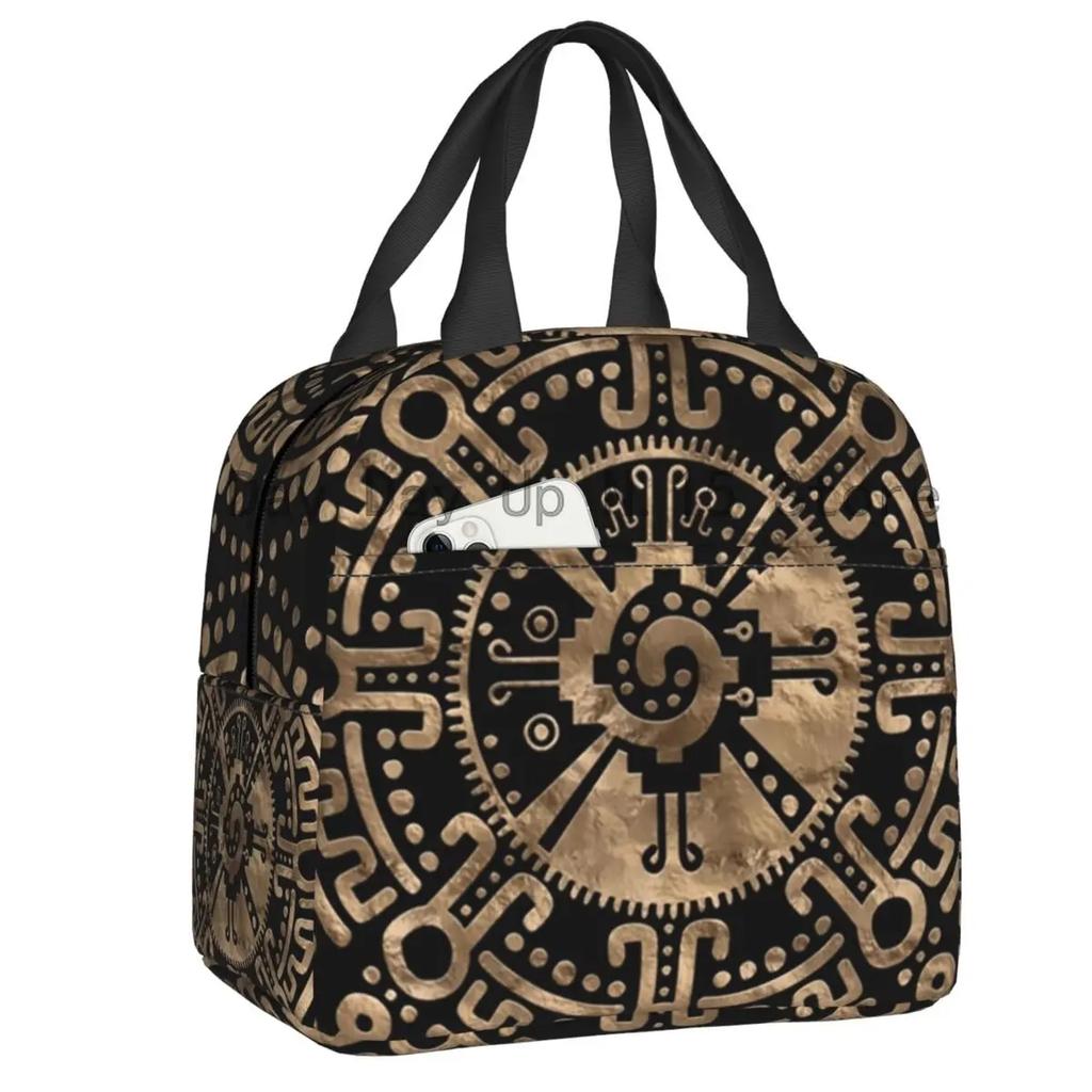 Mayan Aztec Hunab Ku Gold On Black Insulated Lunch Bag for Women Portable Cooler Thermal Lunch Box Beach Camping Travel