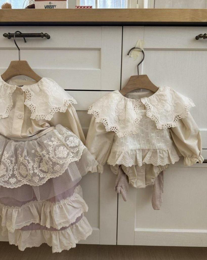 Корейский весенний кружевной боди с отложным воротником и застежкой на кнопках внизу для девочек - Комбинезон для младенцев/малышей, 2025