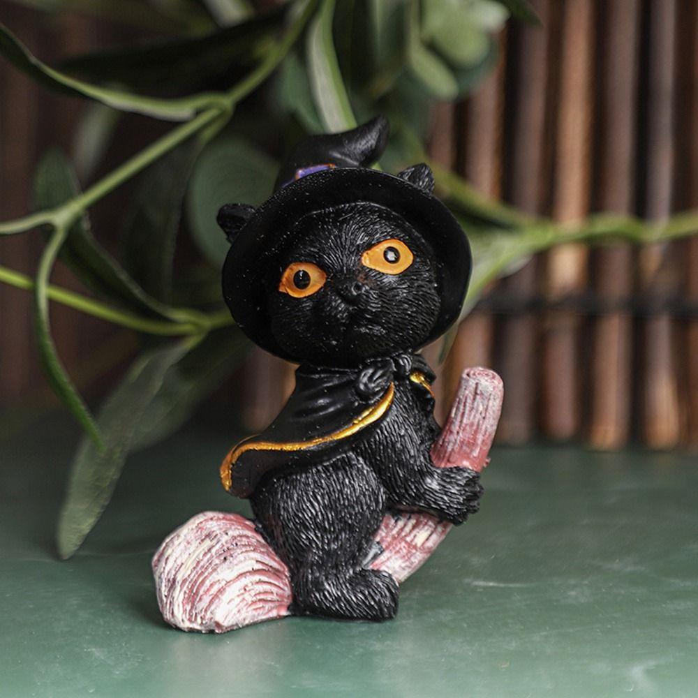 Resin Flying Broom Cat Small Broomstick Cat Creative Black Cat Witch Statue  Garden