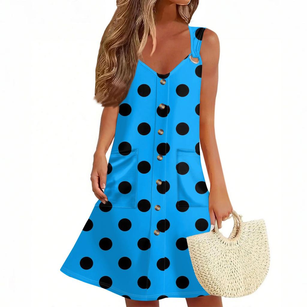 Women's Summer Dress With Pocket Sleeveless Polka Dot Print Sundress