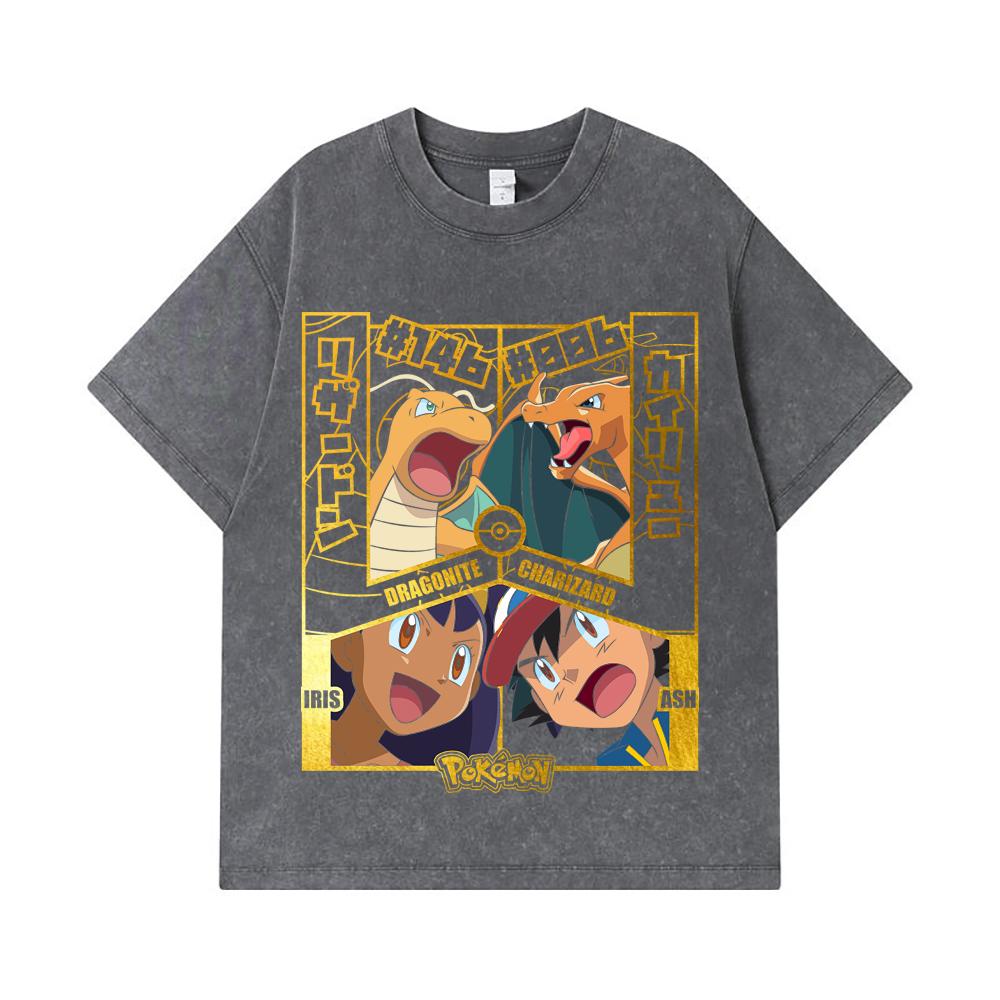 275 GSM Washed T-shirts 100% Cotton Pokemon V24 Dragonite Charizard Print Unisex Heavy Cotton T Shirt