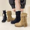 Пустошь ветер бахрома рыцарские ботинки осень и зима мода ретро толстый каблук но колено каблук ботинки узкие западные ботинки