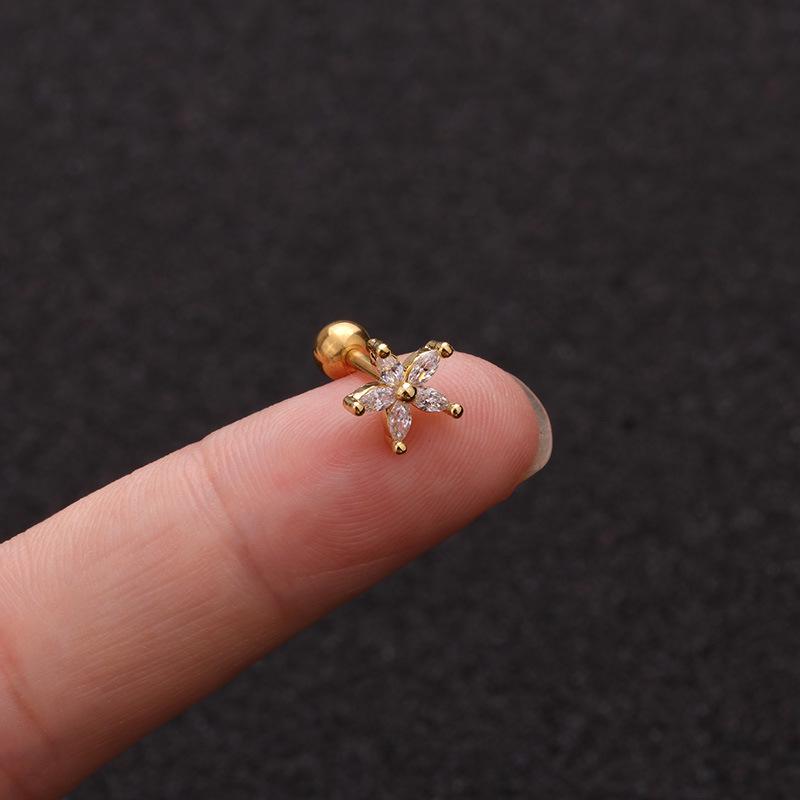 Helix Piercing Tragus Cross Crown Flower Heart Alloy Golden Silver Crystal Exquesite Stud Earring Moon Star Women Girls Wedding Party 1PC Zircon