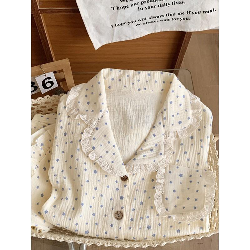2026 Girls Cotton Gauze Pajama Set Short Sleeve Open Front Sleepwear Home Outfit Cartoon Print