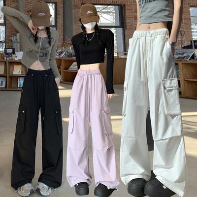 Черные рабочие брюки с заклепками для женщин на весну и лето, функциональные, популярные у девушек, американская уличная мода, свободные, парашютные, широкие брюки