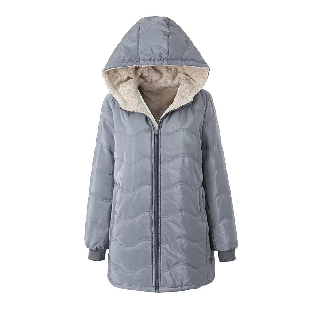 Women's Fashion and Leisure Geometric Wave Hooded Lamb's Wool Thickened Warm Cotton Coat Medium-length Jacket Cotton Clothing