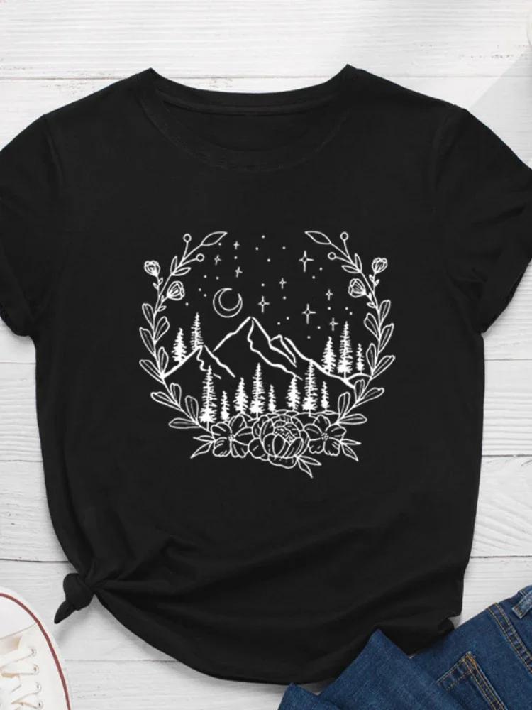 Wreath Moon Mountain Print Женская футболка с коротким рукавом и круглым вырезом Свободная женская футболка Женская футболка Топы Одежда Camisetas Mujer