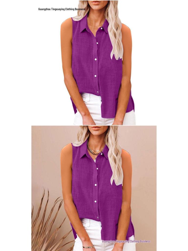 Летняя женская рубашка без рукавов с лацканами из хлопка и льна