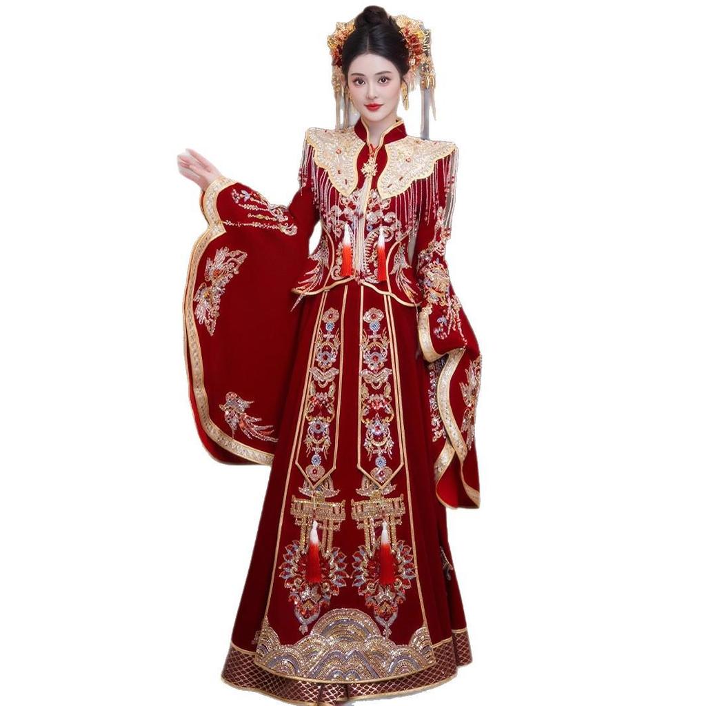 2025 Plus Size Xiuhe Dress with Phoenix Crown & Xiapei - Chinese Wedding Toasting Gown