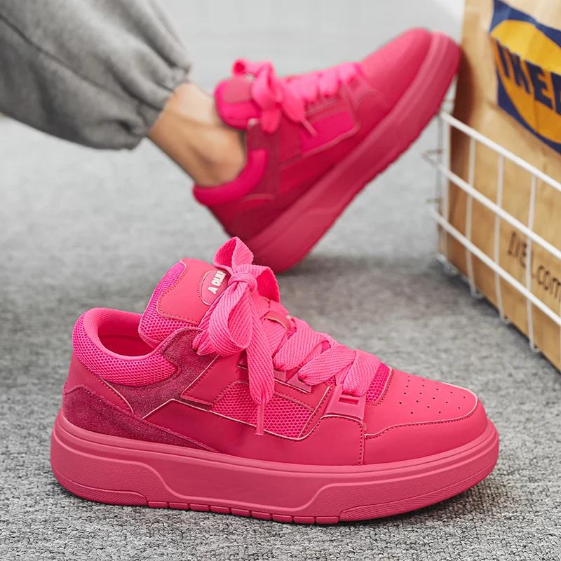 2024 New Personalized Pink Casual Men's Designer Board Shoes Fashionable Genuine Leather Breathable Elevated Flat Sports Shoes