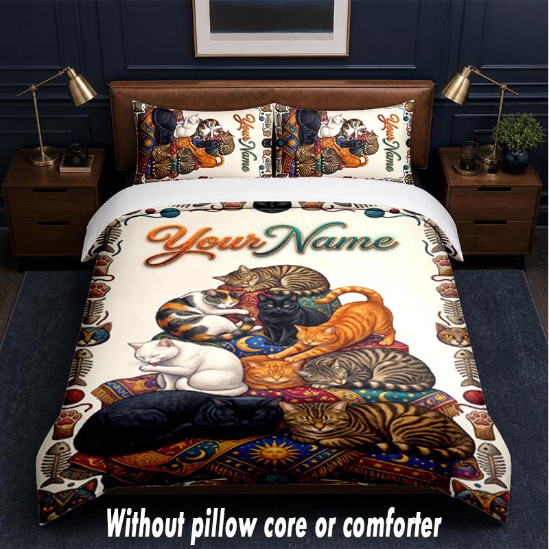 Cat Theme Custom Text Or Name 3Pcs Bedding Set,1 Flat Sheet & 2 Pillowcases Personalized Home Bedding