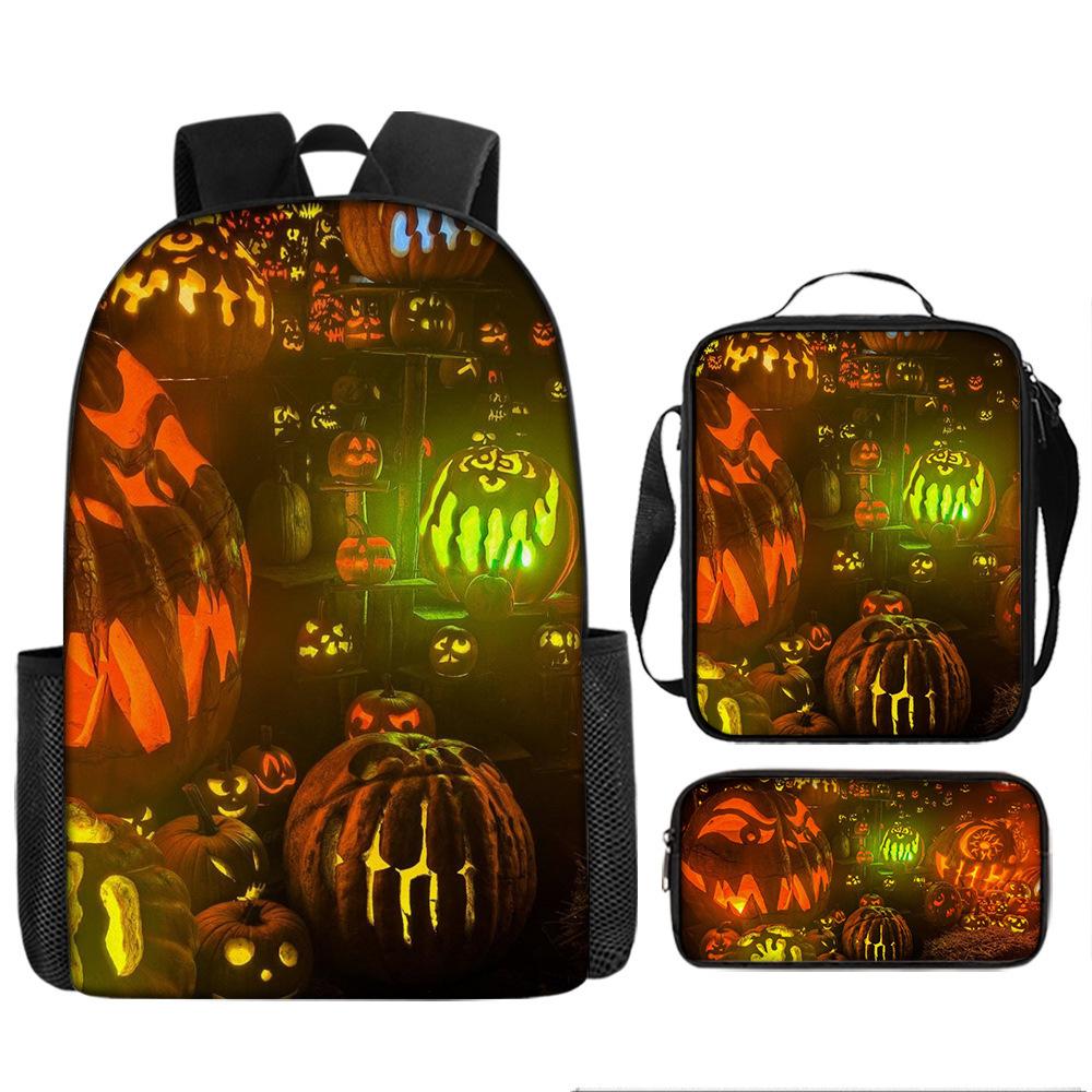 Halloween Backpack Pumpkin Ghost 3-Piece Set Schoolbag Kids Shoulder Bag Cute Bookbag for Boys Girls