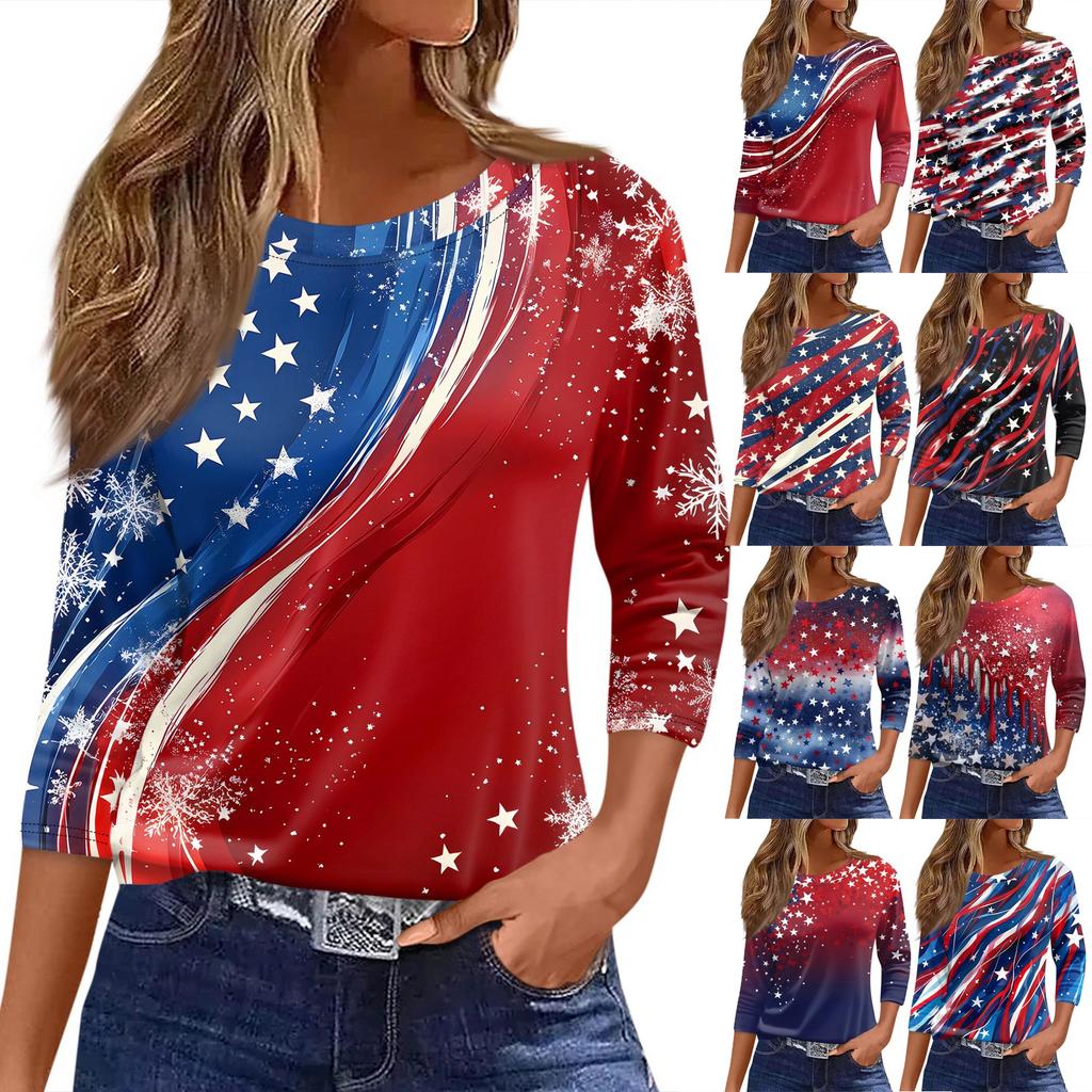 Women’s Long Sleeve Crewneck Top with Printed Star and Stripe Pattern Casual Loose Fit Pullover Shirt for Everyday Wear