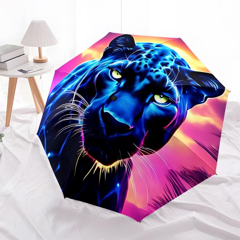 1pc Neon Jaguar Print Fashionable Automatic Opening/Closing Folding Umbrella with 8 Iron Bones, Plastic Handle yy251015093