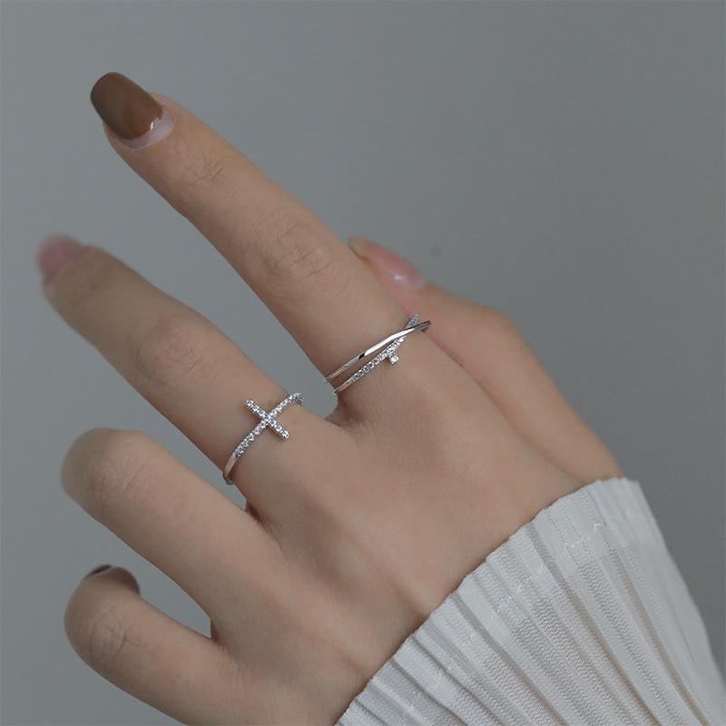 Korean Zircon Ring Personality Cross Open Adjustable Finger Rings for Women Silver Jewelry Accessories Party Gift