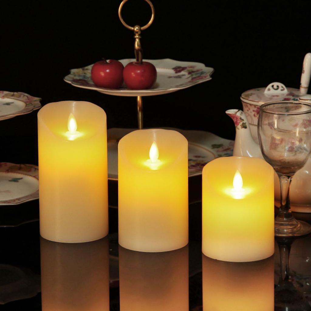 Pack of 3 Flameless Moving Wick Pillar Candles With Remote Control,Plastic Yellow Light Dancing Decorative Wedding Candles