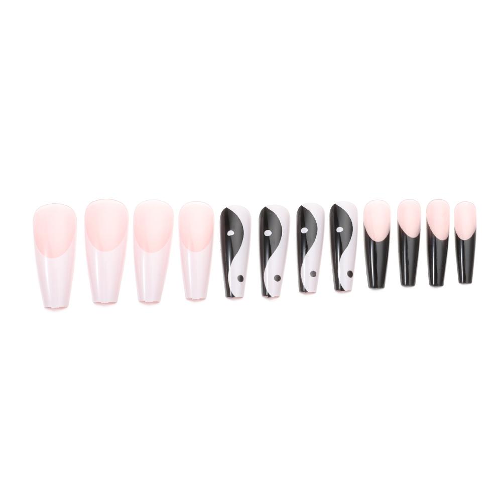 Fake Nails Ballerina with Taichi Design False Nail Tips Long Coffin White and Black Mixed Colors