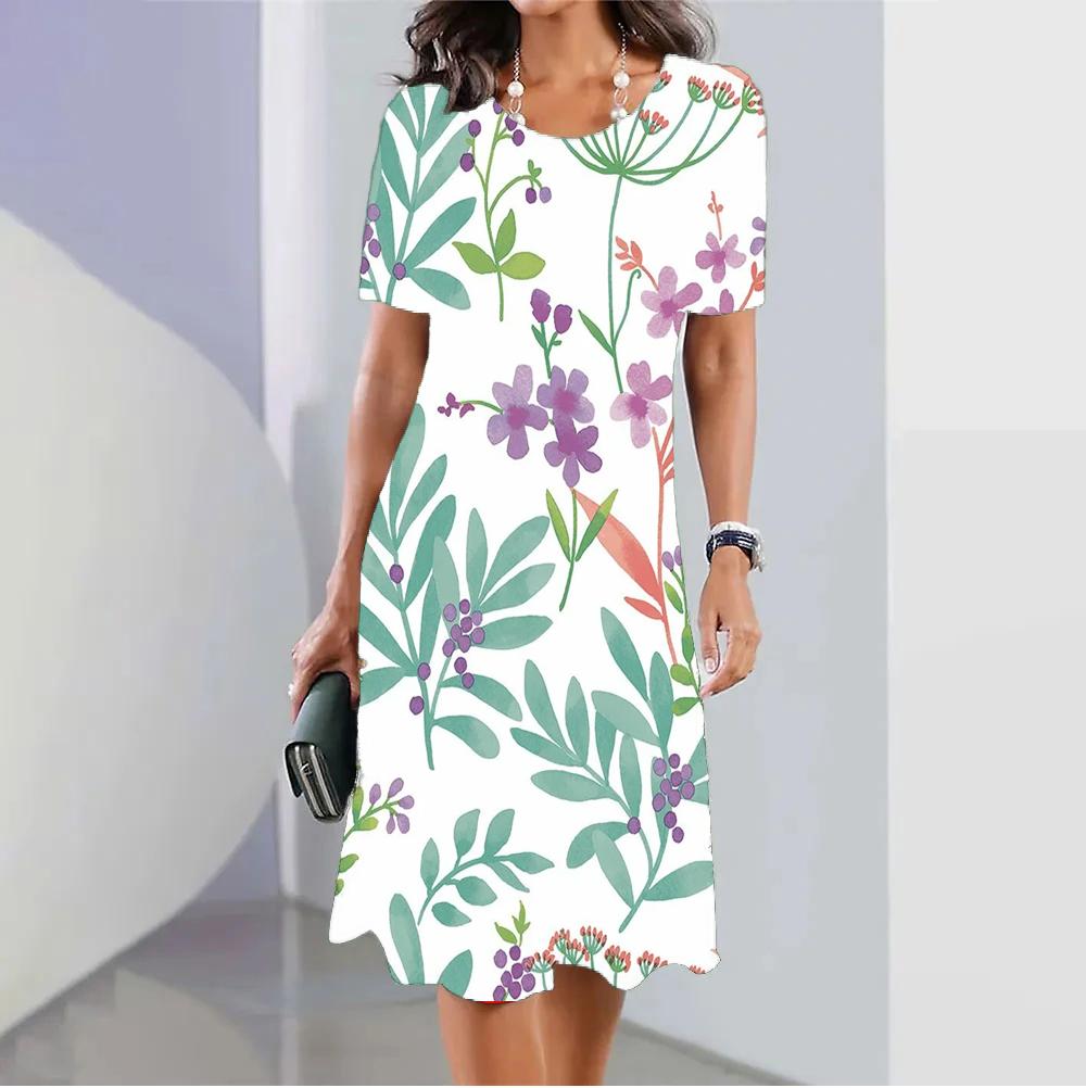 Летние платья с короткими рукавами, стильное женское платье, свободная юбка трапециевидной формы, женская одежда с цветным принтом, повседневный пуловер с круглым воротником