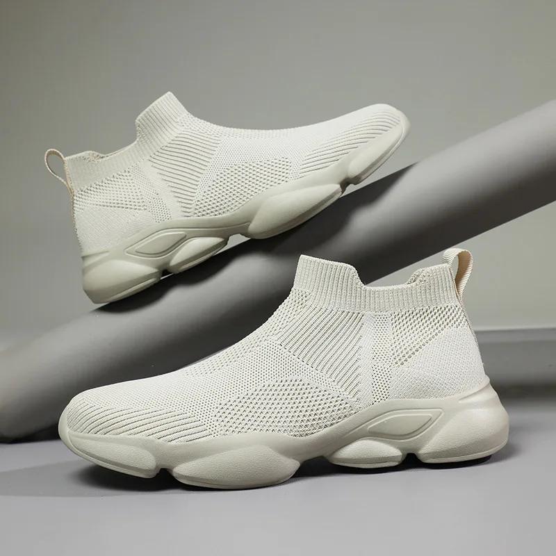 Мода 2024 года, новые туфли для мужчин, весна-лето, дышащие трикотажные повседневные спортивные туфли-носки, молодежные крутые мокасины без застежек, большой размер
