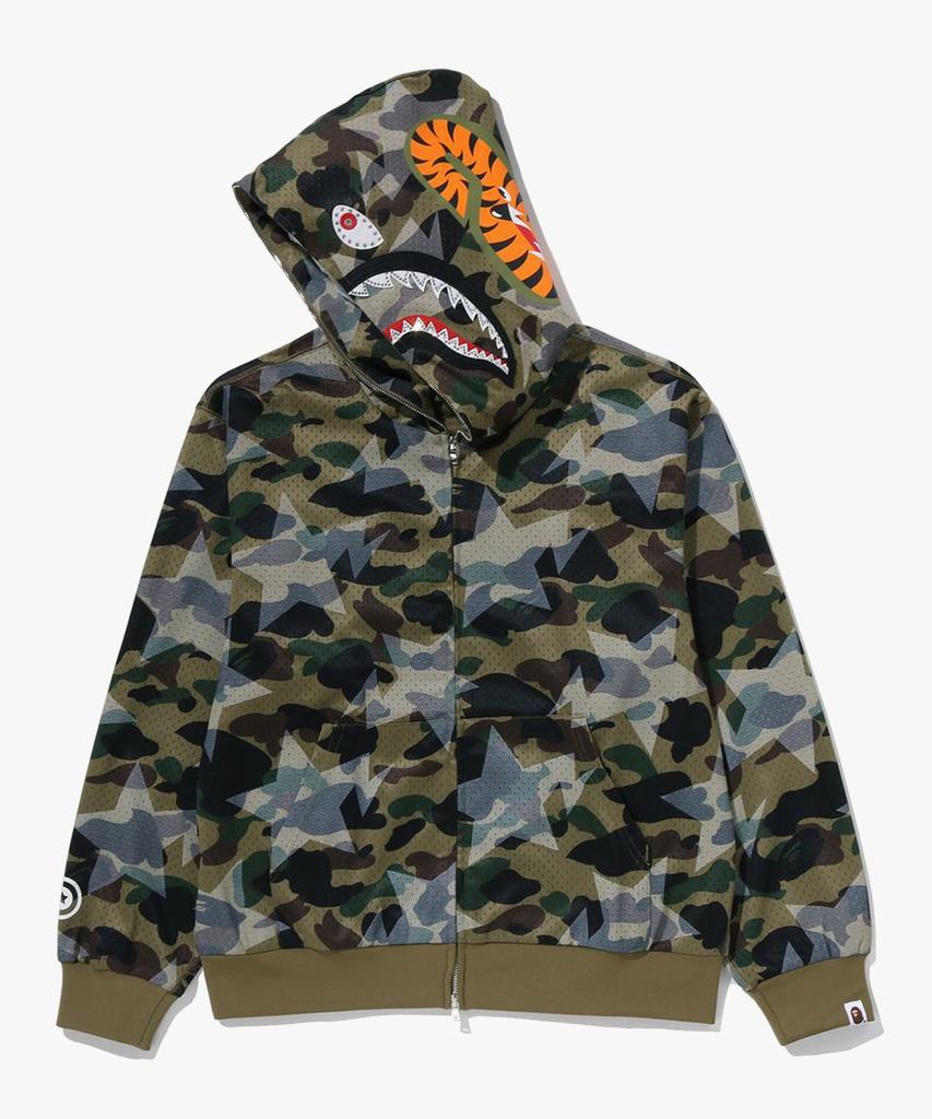 Bape Худи с полной молнией, укороченное, с принтом "Звезда над камуфляжем", сетчатыми вставками и изображением акулы (M) зеленый